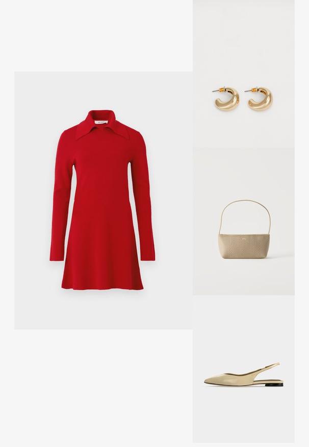 Robe tricotée rouge à manches longues avec un large col pointu, un ourlet évasé et un design simple, présentée sur un fond uni.; Chaussure plate beige à bout pointu avec bride arrière, petit talon noir et finition en cuir lisse, vue de côté sur un fond uni.; Sac à main tissé beige avec fine bandoulière et petit logo doré "BOSS" à l'avant, présenté sur fond blanc uni.; Deux boucles d'oreilles en forme de cerceau en or brillant, avec un design courbé, présentant des accents orange près de la tige, sur fond blanc uni.