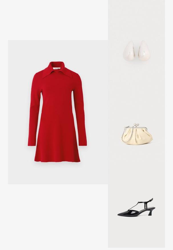 Robe tricotée rouge à manches longues avec un large col pointu, un ourlet évasé et un design simple, présentée sur un fond uni.; Chaussure slingback en cuir verni noir à bout pointu avec bride en T et petit talon bloc incliné sur fond blanc.; Pochette en cuir beige plissé avec un cadre en métal argenté, dotée de deux fermoirs ronds décoratifs et d'une chaîne en argent.; Boucles d'oreilles en métal argenté en forme de goutte, avec une surface lisse et réfléchissante, présentant un design sans couture et sans embellissements visibles.