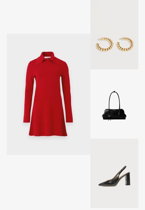 Robe tricotée rouge à manches longues avec un large col pointu, un ourlet évasé et un design simple, présentée sur un fond uni.; Chaussure slingback en cuir noir à bout pointu avec un talon bloc haut et une doublure intérieure beige sur un fond clair uni.; Sac à épaule en cuir noir à texture crocodile, avec de longues sangles et un petit charm logo argenté sur une sangle.; Paire de boucles d’oreilles créoles dorées avec des détails de perles arrondies le long du bord extérieur sur un fond clair.