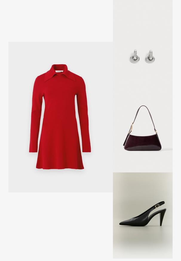 Rode gebreide jurk met lange mouwen, een brede spitse kraag, een uitlopende zoom en een eenvoudig ontwerp, weergegeven tegen een effen achtergrond.; Zwarte leren slingback pumps met een puntige neus, een gouden gesp en een taps toelopende hak tegen een neutrale achtergrond.; Donkerbruine glanzende leren handtas met enkele schouderriem en goudkleurige metalen details tegen een effen achtergrond.; Een paar kleine, glanzende zilveren creolen met een ronde basis, afgebeeld op een effen lichte achtergrond.