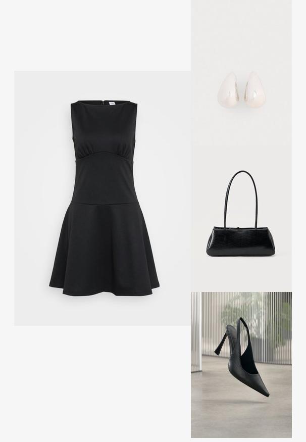 Schwarzes Skaterkleid aus dehnbarem Stoff, ärmelloses Design, runder Ausschnitt, enganliegender Oberteil, ausladender Rock, Reißverschluss hinten.; Schwarzer Leder Slingback-Stiletto mit spitzer Schuhspitze, schwebt über einem glatten Betonboden und einem vertikalen Metallpaneel im Hintergrund.; Schwarze rechteckige Schultertasche mit langen dünnen Trägern und einer glatten, glänzenden Textur auf einfarbigem Hintergrund.; Silberne Metall-Ohrringe in Tropfenform mit einer glatten, reflektierenden Oberfläche, die ein nahtloses Design und keine sichtbaren Verzierungen aufweisen.