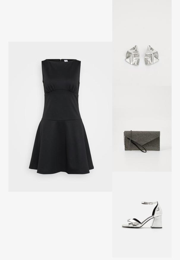 Schwarzes Skaterkleid aus dehnbarem Stoff, ärmelloses Design, runder Ausschnitt, enganliegender Oberteil, ausladender Rock, Reißverschluss hinten.; Silberne metallische High-Heelsandalen mit Kreuzgurt-Design, Knöchelriemen und Blockabsatz. Glatte Oberfläche mit schwarzem Innenfutter.; Metallisch graue Clutch-Tasche mit strukturiertem Mesh-Muster, Kuvert-Design, Kettenriemen und einem eleganten, dünnen Handgelenkriemen.; Silberne Metallohrringe mit einem wellenförmigen, skulpturalen Design, das eine polierte Oberfläche und unregelmäßige Formen aufweist, die eine zeitgenössische Ästhetik betonen.
