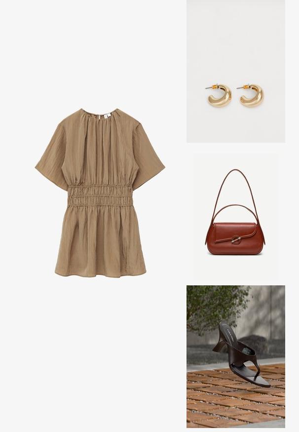 Robe courte à manches courtes marron avec taille froncée, col rond et jupe ample et fluide.; Sandale à talon marron Calvin Klein suspendue au-dessus d'un sol extérieur en dalles de bois et gravier avec un arrière-plan flou de verdure et de pierres.; Sac à bandoulière en cuir marron de forme rectangulaire arrondie, rabat asymétrique, fermoir circulaire argenté et deux fines bretelles.; Deux boucles d'oreilles en forme de cerceau en or brillant, avec un design courbé, présentant des accents orange près de la tige, sur fond blanc uni.