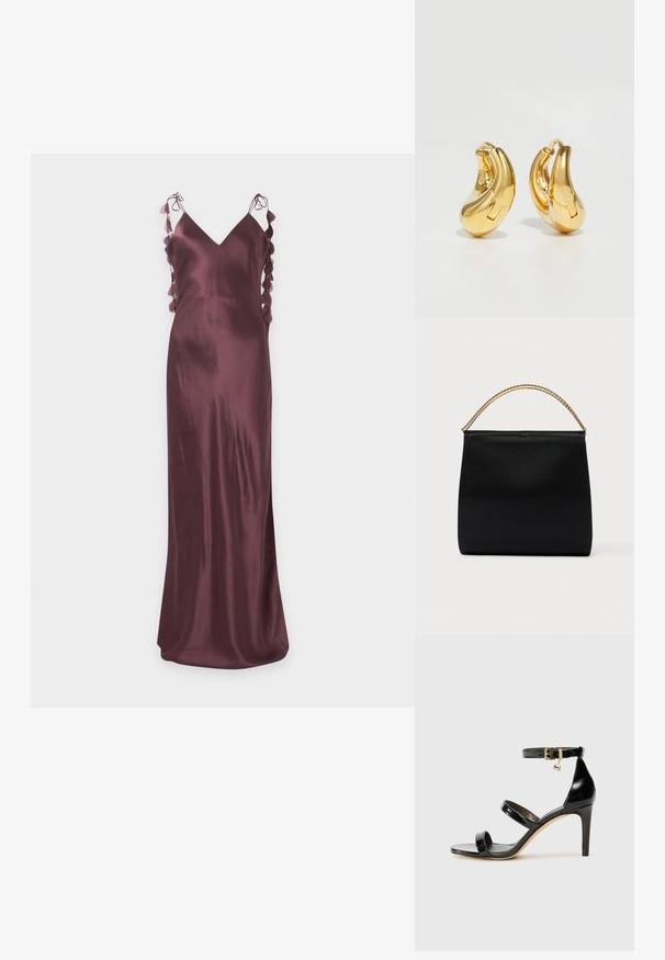 Long, dark purple satin dress with thin shoulder straps and side cutouts decorated with circular fabric details.; Black patent leather sandal with three straps, ankle buckle, and 4-inch stiletto heel. Features gold hardware detail and logo charm.; Black bag made of smooth fabric, featuring a structured shape, a gold chain handle, and minimalist geometric design.; Gold hoop earrings with a smooth, curved shape and polished finish. Features a clasping mechanism and slight indentations for detail.
