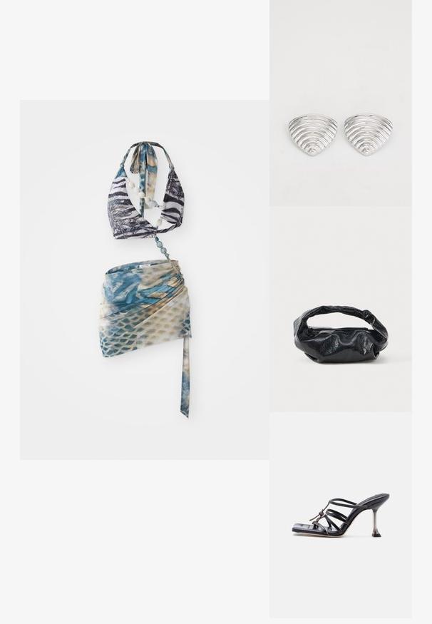 Bikini top med halterneck-design i sort og hvid zebra-print, parret med en wrapnederdel i blå og beige mønster.; Sort højhælet sandal med stropper, firkantet tå og tynd stilet hæl, med overlappende stropper og en knudedetalje på overdelen.; Sort taske lavet af blankt, tekstureret materiale med et cirkulært, snoet håndtag og lynlås. Har et blødt, rynket design.; Sølvfarvede øreringe med et bølget, tekstureret design, formet som overlappende halvmåner; den polerede overflade fremhæver de reflekterende egenskaber.