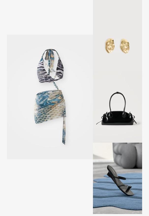 Bikini top med halterneck-design i sort og hvid zebra-print, parret med en wrapnederdel i blå og beige mønster.; Sort sandal med remme og tå-loop vist på et blåt tekstureret tæppe, med en stor grå dekorativ genstand sløret i baggrunden.; Lille sort blank håndtaske med to lange håndtag og snøre-detaljer i siden på en ensfarvet lys baggrund.; Par skinnende, ujævnt formede øreringe af guldmetal med en krøllet, glat overflade på en ensartet lys baggrund.