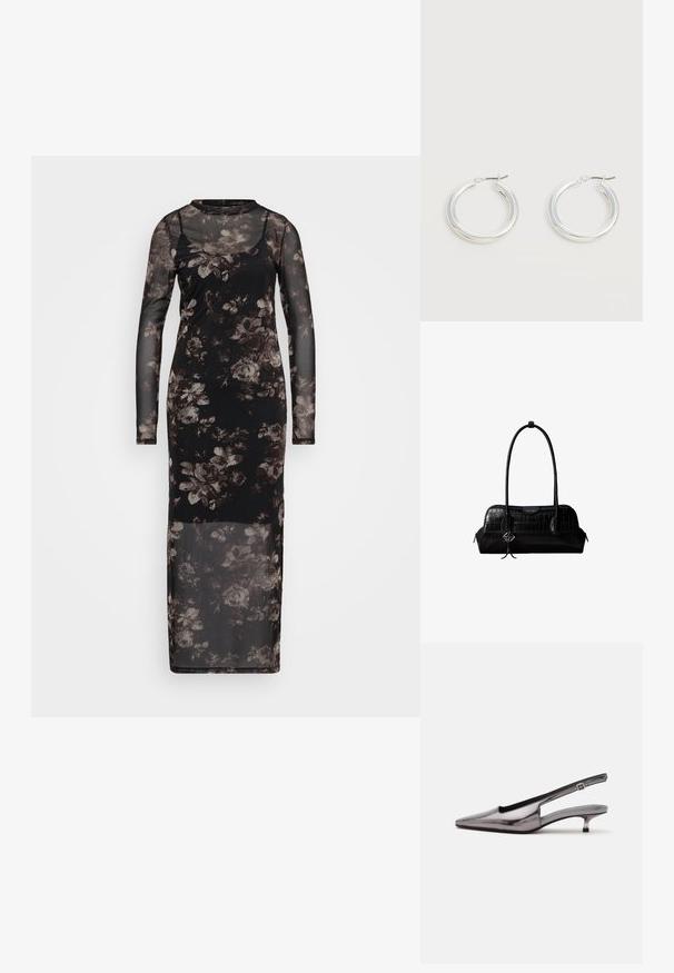 Robe en maille noire à manches longues, ornée d'un motif floral dans des nuances de gris et de marron. Longue jusqu'au sol, avec une silhouette ajustée.; Chaussure slingback gris métallique à bout pointu, petit talon kitten et bride réglable sur fond blanc.; Sac à épaule en cuir noir à texture crocodile, avec de longues sangles et un petit charm logo argenté sur une sangle.; Paire de boucles d'oreilles créoles moyennes argentées brillantes avec de fines attaches métalliques sur un fond clair et neutre.