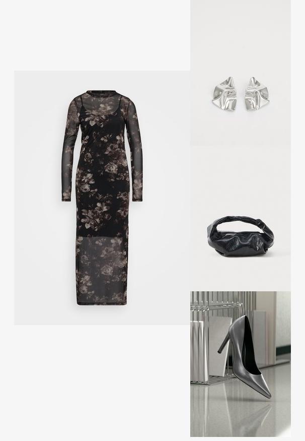Robe en maille noire à manches longues, ornée d'un motif floral dans des nuances de gris et de marron. Longue jusqu'au sol, avec une silhouette ajustée.; Chaussure noire à talon haut suspendue en l'air devant un classeur métallique avec des dossiers sur une surface polie.; Sac noir en matériau texturé et brillant avec une poignée circulaire torsadée et une fermeture éclair. Présente un design doux et froissé.; Boucles d'oreilles en métal argenté avec un design ondulé et sculptural, présentant une finition polie et des formes irrégulières, mettant en valeur une esthétique contemporaine.