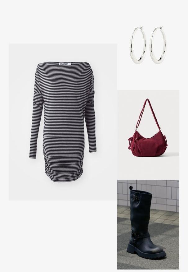 Vestido de manga larga a rayas en negro y gris. Presenta un ajuste holgado, escote redondeado y detalle de fruncido lateral. Fabricado con tejido suave.; Bota negra de cuero hasta la mitad de la pantorrilla con suela gruesa, hebilla metálica cerca de la parte superior y una correa con detalle de anilla sobre el tobillo, sobre una superficie pavimentada.; Bolso de hombro de pana en color granate suave con correa ajustable, cierre de cremallera, lazos laterales y un bolsillo delantero con cremallera.; Pendientes de aro de plata con un acabado suave y brillante. Forma circular, con un cierre seguro. Diseño sencillo y elegante.