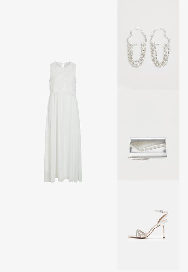 Vestido maxi blanco con un corpiño de encaje y un escote redondeado, además de una espalda con abertura en forma de lágrima. La falda es fluida y de textura suave.; Sandalia de tacón alto plateada con múltiples tiras que presentan acentos de pedrería, diseño de punta abierta y hebilla en el tobillo. Acabado metálico suave.; Bolso clutch plateado brillante con solapa de estilo sobre y adorno decorativo, pequeña correa de cadena plateada, sobre fondo liso claro.; Pendientes de aro plateados en forma de corazón, con hebras en cascada de strass transparentes que aportan un brillo y textura adicionales.
