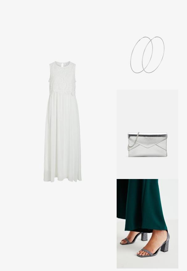 Vestido maxi blanco con un corpiño de encaje y un escote redondeado, además de una espalda con abertura en forma de lágrima. La falda es fluida y de textura suave.; Sandalias de tacón cuadrado con purpurina plateada, dos tiras finas y punta cuadrada. Acompañadas de una prenda larga hasta el suelo de color verde oscuro.; Bolso de mano metálico plateado con cadena, que presenta un diseño de solapa angular y costuras que añaden textura.; Pendientes de aro plateados con un diseño minimalista. Forma circular, textura suave y perfil delgado. Livianos con un acabado pulido.