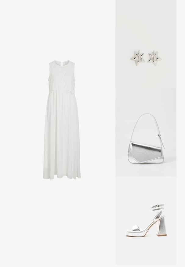 Vestido maxi blanco con un corpiño de encaje y un escote redondeado, además de una espalda con abertura en forma de lágrima. La falda es fluida y de textura suave.; Sandalia de tacón alto plateada metálica con tira en el tobillo, tacón de bloque y punta abierta sobre un fondo claro y liso.; Bolso de mano metálico plateado con forma triangular, textura suave y una fina correa de hombro ajustable. Presenta un diseño plegable con costuras.; Pendientes de aro plateados en forma de estrella con un acabado liso y pulido sobre un fondo blanco liso.
