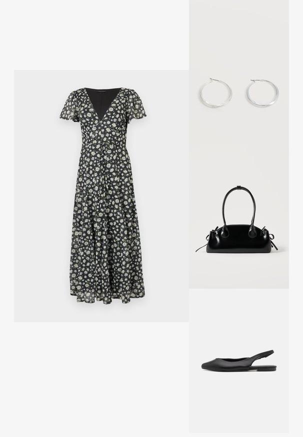 Robe midi noire à imprimé marguerites blanches, encolure en V, manches courtes volantées et taille cintrée avec une jupe fluide.; Chaussure à talon slingback en cuir noir avec un bout pointu, un talon plat et un design découpé incurvé. Texture lisse et style minimaliste.; Petit sac à main noir brillant avec deux longues anses et des détails à cordon sur les côtés sur un fond clair uni.; Boucles d’oreilles créoles en métal argenté avec une surface lisse légèrement incurvée et des fermoirs à clapet sur un fond blanc uni.
