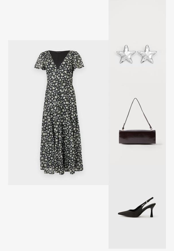 Robe midi noire à imprimé marguerites blanches, encolure en V, manches courtes volantées et taille cintrée avec une jupe fluide.; Chaussures à talons noires avec une bride, à bout pointu, finition mate lisse et talon fin brillant. Sangle ajustable avec petit détail de boucle.; Sac à main rectangulaire en cuir noir avec une longue bandoulière unique et une finition brillante, présenté sur un fond blanc uni.; Boucles d'oreilles argentées en forme d'étoile, avec une surface lisse et brillante. Chaque boucle d'oreille possède cinq pointes et des détails subtils de texture de surface.