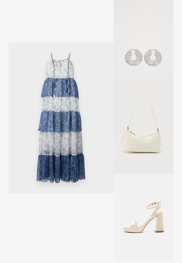 Vestido maxi con diseño en capas, confeccionado en una tela transparente de color azul y blanco, con patrones florales, tirantes ajustables y acentos de borlas.; Sandalia de plataforma beige con tacón grueso de bloque, puntera abierta y correa en el tobillo con hebilla metálica sobre fondo blanco.; Bolso pequeño de cuero blanco con textura, cierre superior curvado, correa única y logo de metal minimalista en el centro frontal.; Aros de plata en forma de aro adornados con múltiples embellishments de cristal transparente, con una superficie texturizada y un diseño circular abierto.