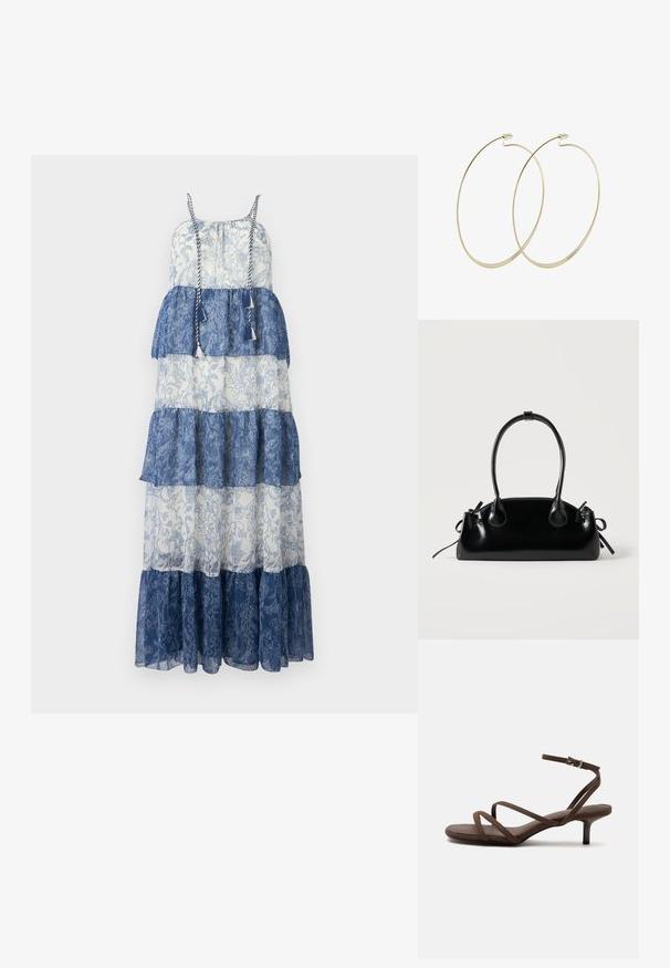 Vestido maxi con diseño en capas, confeccionado en una tela transparente de color azul y blanco, con patrones florales, tirantes ajustables y acentos de borlas.; Sandalia marrón de tacón alto con tiras finas cruzadas y una correa en el tobillo con una hebilla plateada sobre un fondo blanco.; Pequeño bolso negro brillante con dos asas largas y detalles de cordón lateral sobre un fondo claro liso.; Pilgrim Pendientes - gold-coloured