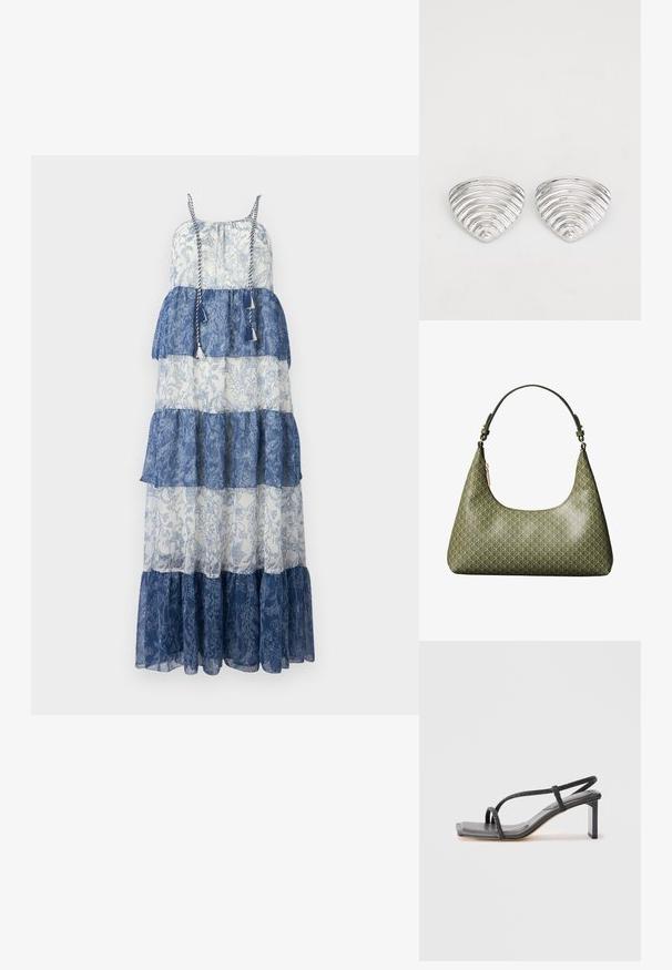 Vestido maxi con diseño en capas, confeccionado en una tela transparente de color azul y blanco, con patrones florales, tirantes ajustables y acentos de borlas.; Sandalia negra de tiras con punta cuadrada y tacón cuadrado. Presenta tiras metálicas finas y una suela de cuero suave. Diseño minimalista.; Bolso de hombro verde oliva con correa ajustable y un patrón geométrico repetitivo de lazos entrelazados.; Pendientes en tono plateado con un diseño ondulado y texturizado, con forma de media lunas superpuestas; el acabado pulido realza las cualidades reflectantes.