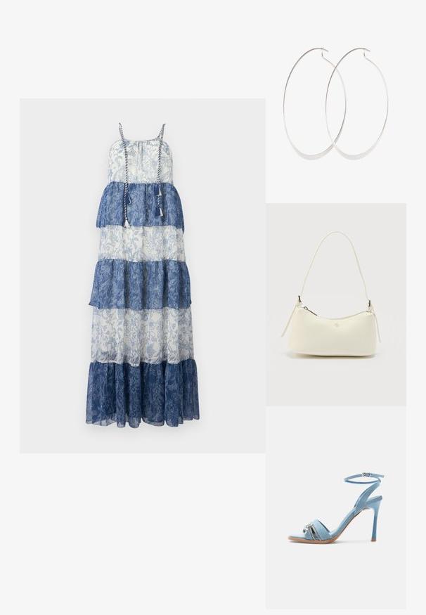 Vestido maxi con diseño en capas, confeccionado en una tela transparente de color azul y blanco, con patrones florales, tirantes ajustables y acentos de borlas.; Sandalia de tacón alto de mezclilla azul claro con correa en el tobillo, puntera abierta y detalle de cremallera plateada y charm en la correa frontal.; Bolso pequeño de cuero blanco con textura, cierre superior curvado, correa única y logo de metal minimalista en el centro frontal.; Pendientes de aro plateados con un diseño delgado y suave; forma ovalada alargada; acabado pulido; presentan un cierre de gancho seguro.