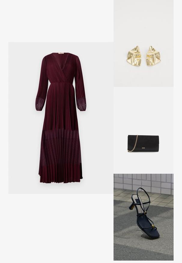 Bordeaux plisséd maxi-jurk met een wikkelnack, lange doorschijnende mouwen en een stippenmesh zoomdetail. Lichtgewicht stof met gestructureerde draping.; Zwarte sandalen met hak, bandjes en een vierkante neus, voorzien van een gouden gesp en gouden kralendetail op de voorste band, geplaatst op asfalt bij een betegelde muur.; Zwarte clutch tas gemaakt van suede met een textuurafwerking, voorzien van een gouden schouderband en een strakke, hoekige vorm.; Gouden metallic oorbellen met een golvend ontwerp; glad, weerspiegelend oppervlak; asymmetrische vorm; geen zichtbare patronen of hardware.