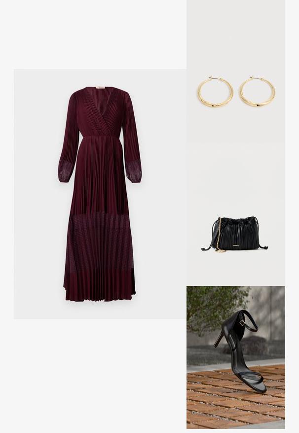 Bordeaux plisséd maxi-jurk met een wikkelnack, lange doorschijnende mouwen en een stippenmesh zoomdetail. Lichtgewicht stof met gestructureerde draping.; Zwarte hoge hak sandaal met enkelbandje zweeft boven een houten tegelvloer buiten, met een onscherpe groene en stenen achtergrond.; Zwarte plissé leren handtas met trekkoord, gouden kettingriem en een klein horizontaal gouden accent aan de voorkant.; Een paar gepolijste gouden oorringen met dunne pennen en scharnierende sluitingen, tentoongesteld op een effen lichtgrijze achtergrond.