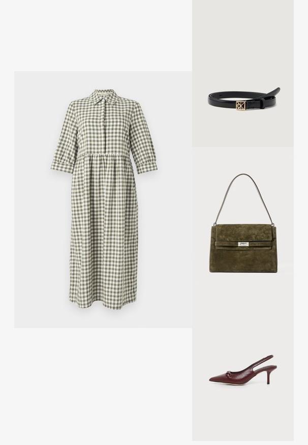 Pikk, nööpidega kleit, mis on valmistatud rohelisest ja valgest ruudulise kangast. Omab krae, kolmeveerandi varrukaid ja kortsunud talje.; Burgundia värvi nahast slingback-tossud terava varba, madala kontsaga ja väikese sõlmekujundusega ees, kujutatud tavalise taustaga.; Roheline nubukist käekott, millel on ristkülikuline kuju, hõbedane riiv ja peen õlavöö. Omab volditud klappi ja peent tekstuuri.; Must mustrahn nöör, millel on sile tekstuur, nurgeline kuldset metallist klipp, millel on geomeetriline disain ja nagu rihma jooksul embosseeritud bränding.