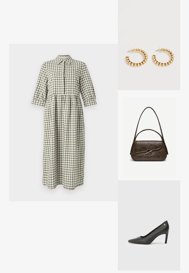 Robe longue à boutons faite de tissu vichy vert et blanc. Dotée d'un col, de manches trois-quarts et d'une taille froncée.; Escarpin haut à talon en cuir verni noir avec un bout pointu, mettant en avant un petit accent logo doré au niveau du talon. Texture lisse, design épuré.; Sac à main en cuir brun foncé texturé avec deux anses, forme rectangulaire arrondie, et fermeture à bouton circulaire argenté sur le rabat avant.; Paire de boucles d’oreilles créoles dorées avec des détails de perles arrondies le long du bord extérieur sur un fond clair.