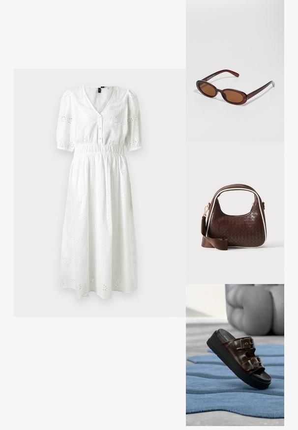 Robe en coton blanche avec des manches courtes bouffantes, décolleté en V, fermeture à boutons, taille élastique et motif floral en œillets sur toute la surface.; Sandale mule en cuir brun avec deux boucles argentées réglables sur une semelle plateforme noire, posée sur un tapis bleu texturé.; Lunettes de soleil rondes teinte brun avec une monture bordeaux brillante. Branches fines avec un détail de marque subtil. Design de verres plats.; Sac à main en cuir tressé marron avec passepoil blanc, fermeture éclair dorée et bandoulière amovible en tissu marron.