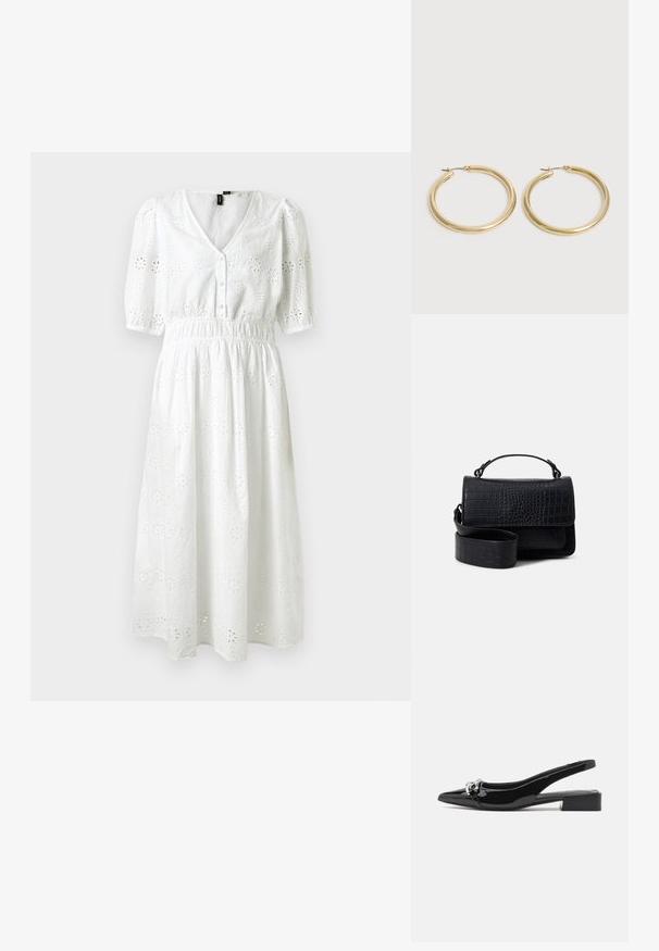 Witte katoen jurk met korte pofmouwen, V-hals, knoopsluiting, elastische taille en een bloemdessin van oogjes over de hele jurk.; Zwarte slingback schoen van lakleer met een spits toelopende neus, lage blokhak en zilverkleurige hardware aan de voorkant.; Zwarte schoudertas van krokodillenleer met een afneembare schouderriem en een handgreep aan de bovenkant. De tas heeft een klep sluiting en een gladde afwerking.; Een paar gladde, glanzende gouden creooloorbellen met dunne pennen en scharnierende sluitingen op een eenvoudige lichte achtergrond.