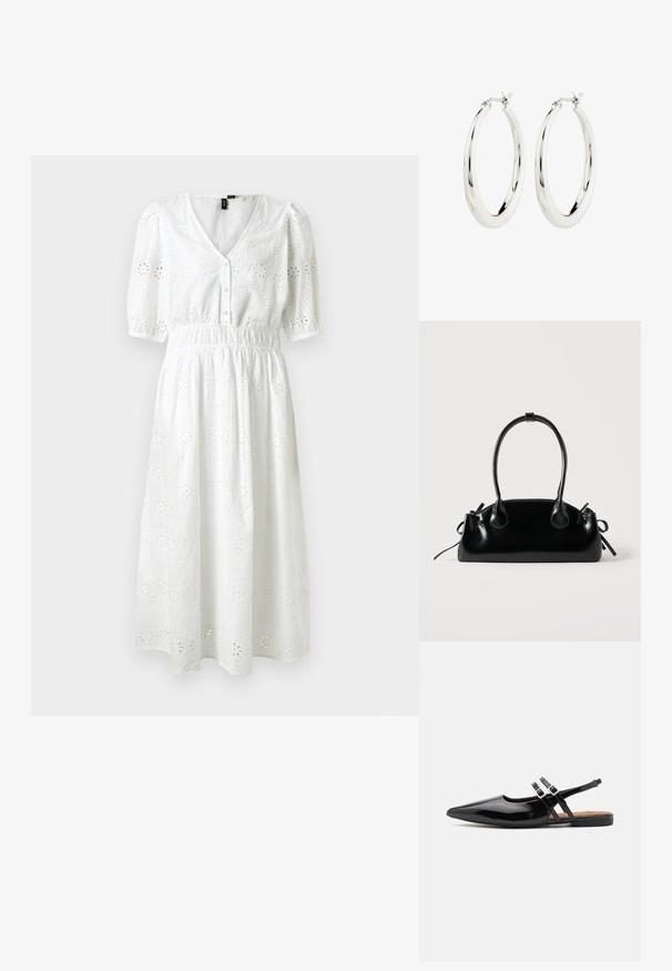 Witte katoen jurk met korte pofmouwen, V-hals, knoopsluiting, elastische taille en een bloemdessin van oogjes over de hele jurk.; Zwarte gepatineerde leren slingback schoenen hebben een spitse neus, twee banden met gespsieraden en een platte zool.; Kleine zwarte glanzende handtas met twee lange hengsels en zijkant trekkoord details op een effen lichte achtergrond.; Zilveren oorbellen in de vorm van een gladde, glanzende ring. Circulaire vorm, voorzien van een veilige sluiting. Eenvoudig en elegant ontwerp.