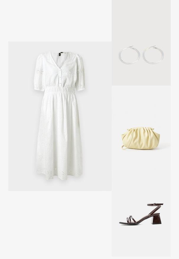 Robe en coton blanche avec des manches courtes bouffantes, décolleté en V, fermeture à boutons, taille élastique et motif floral en œillets sur toute la surface.; Sandale en cuir verni marron foncé avec talon bloc, bride à la cheville avec boucle et deux fines lanières sur les orteils sur fond blanc.; Sac à main plissé jaune en simili cuir lisse, arborant une forme douce avec une bandoulière unique et un design froncé sur le dessus.; Paire de boucles d'oreilles créoles argentées brillantes avec fermoirs en fil fin, présentée sur un fond gris clair.