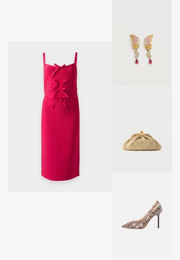 Vestido ajustado sin mangas de tela rosa brillante. Presenta una superficie texturizada y lazos decorativos en la parte delantera. Ribete recto.; Zapato de tacón alto para mujer con punta afilada, tacón de aguja y empeine tejido multicolor en tonos marrón, blanco y gris.; Bolso de mano beige de punto texturizado con forma redondeada y cierre de broche metálico dorado, sobre un fondo blanco liso.; Pendientes de oro con forma de mariposa, esmalte rosa, perlas incrustadas, cristales transparentes y una piedra preciosa rosa en forma de lágrima colgante.