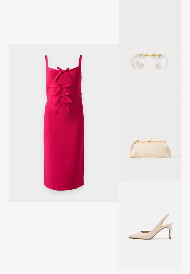 Vestido ajustado sin mangas de tela rosa brillante. Presenta una superficie texturizada y lazos decorativos en la parte delantera. Ribete recto.; Zapato de tacón beige de cuero con punta puntiaguda y tacón alto delgado. Cuenta con un recorte en el talón y un acabado liso.; Cartera rectangular color crema con marco metálico dorado, cierre redondo, correa corta y logotipo VALENTINO en la parte delantera.; Pendientes de aro de acrílico transparente con acentos dorados, que presentan un diseño curvado y un cierre transparente. Textura suave, estilo minimalista.