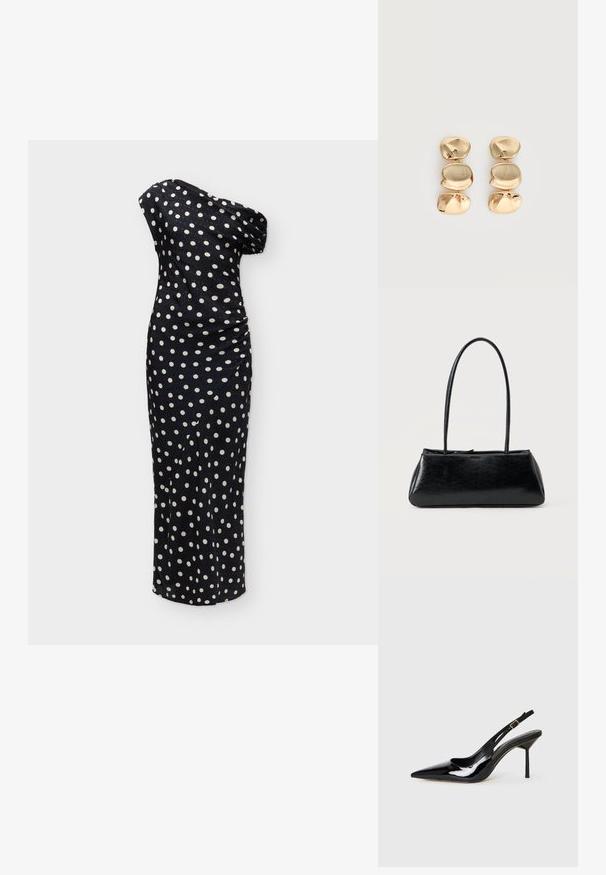 Robe longue noire à une épaule avec des pois blancs et un détail froncé sur le côté.; Sandale à talon aiguille en cuir verni noir à bout pointu, avec une fine sangle et une boucle dorée sur fond blanc.; Sac à épaule rectangulaire noir avec de longues bretelles fines et une texture lisse et brillante sur un fond uni.; Boucles d’oreilles pendantes ton or avec trois segments irréguliers, lisses et arrondis empilés verticalement sur un fond clair uni.