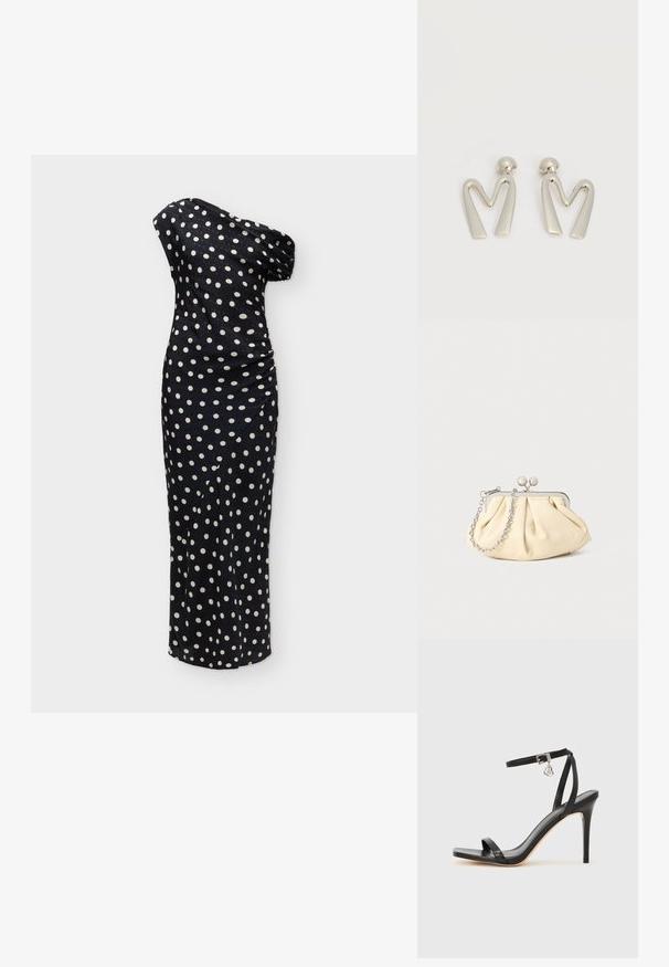 Robe longue noire à une épaule avec des pois blancs et un détail froncé sur le côté.; Sandale à talon haut noire avec une bride étroite à la cheville, bout carré, cuir lisse et accent de boucle métallique.; Pochette en cuir beige plissé avec un cadre en métal argenté, dotée de deux fermoirs ronds décoratifs et d'une chaîne en argent.; Paire de boucles d'oreilles en métal argenté en forme de lettre M angulaire avec des tiges arrondies sur fond blanc.