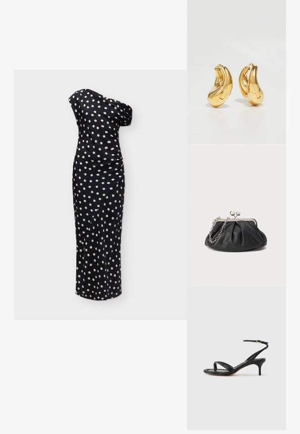 Robe longue noire à une épaule avec des pois blancs et un détail froncé sur le côté.; Sandale pour femme en cuir noir avec fines lanières, une boucle d'orteil, une boucle à la cheville et un talon aiguille de hauteur moyenne sur un fond neutre.; Porte-monnaie en cuir noir avec texture froncée, cadre en métal argenté, fermeture à verrouillage kiss-lock et bandoulière en chaîne. Surface lisse et douce.; Boucles d'oreilles en or en forme de d'anneaux lisses et courbés avec une finition polie. Équipées d'un mécanisme de fermeture et de légères indentations pour le détail.