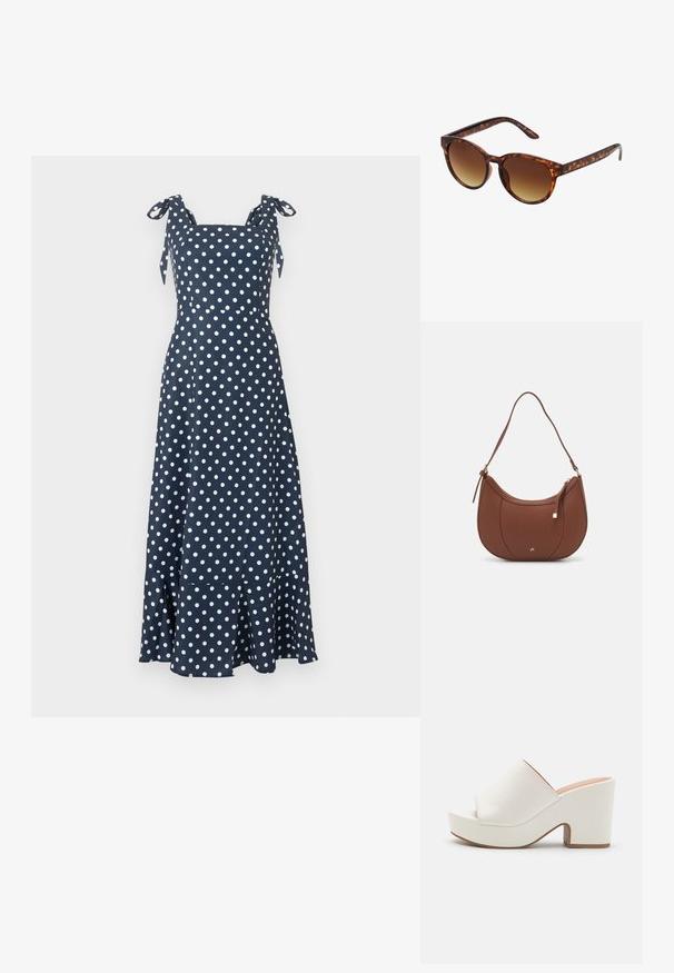 Robe maxi bleu marine sans manches à pois blancs, décolleté carré, taille cintrée et bretelles à nouer sur les épaules.; Mules à plateforme blanches avec une finition lisse, un design ouvert à l'avant et un talon épais. Présentent une couture supérieure subtile et une semelle contrastante.; Lunettes de soleil écaille de tortue avec une forme vintage œil de chat, verres dégradés marron et finition lisse et brillante sur les montures et les branches.; Sac à épaule en faux cuir brun, de forme arrondie, avec des coutures minimales et un accent en matériel doré. Il possède une fermeture zippée sur le dessus et une sangle réglable.