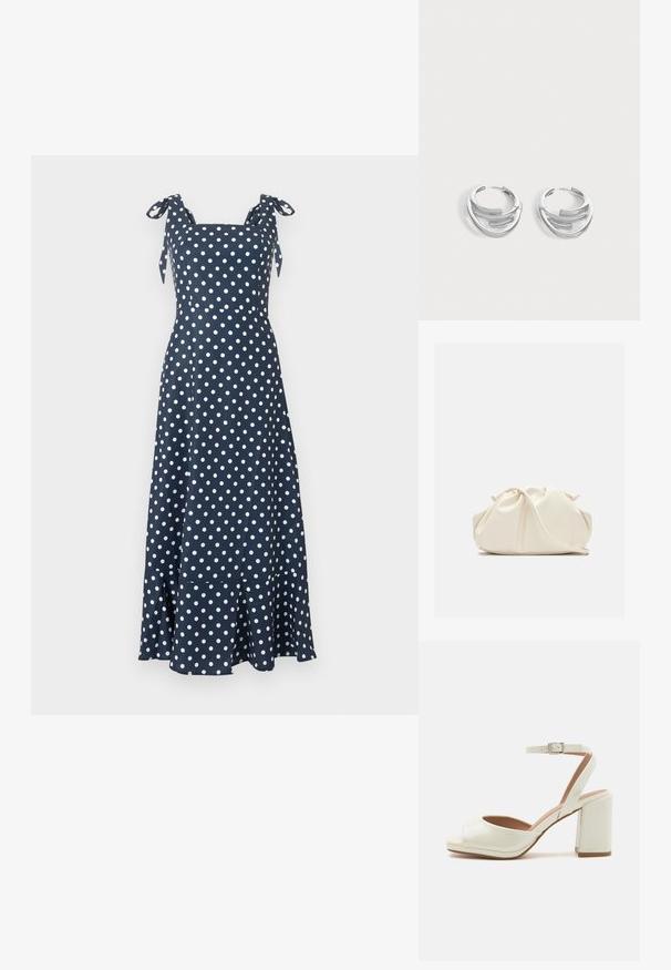 Robe maxi bleu marine sans manches à pois blancs, décolleté carré, taille cintrée et bretelles à nouer sur les épaules.; Sandales à talons ouvertes blanches avec une finition brillante, une sangle de cheville réglable et un talon carré. Texture lisse et design minimaliste.; Pochette en cuir souple couleur crème avec un design froncé et une fine bandoulière reposant à l’avant sur un fond uni.; Paire de boucles d'oreilles anneaux en argent poli avec un design de barre incurvée superposée sur un fond clair uni.