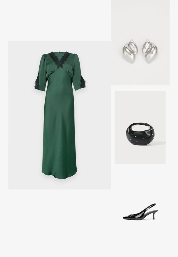 Langes grünes Satin-Kleid mit V-Ausschnitt und schwarzen Spitzenakzenten an den Schultern und Ärmeln, mit einem taillierten Oberteil und fließendem Rock.; Schwarze patentierte Slingback-Absätze mit spitzem Zehenbereich und glänzender Oberfläche. Besitzt einen schlanken Absatz und eine abgerundete Akzentuierung am Schuhoberteil.; Schwarze Lederhandtasche mit abgerundeter Form, verziert mit silbernen Nietenakzenten und kurzem Griff. Glatte Struktur und Reißverschlussverschluss.; Silberne Ohrringe mit einer organischen, abstrakten Form. Glatte, glänzende Oberfläche mit einem konischen Design. Mit dezenten Kurven und einem zentralen Linienelement.