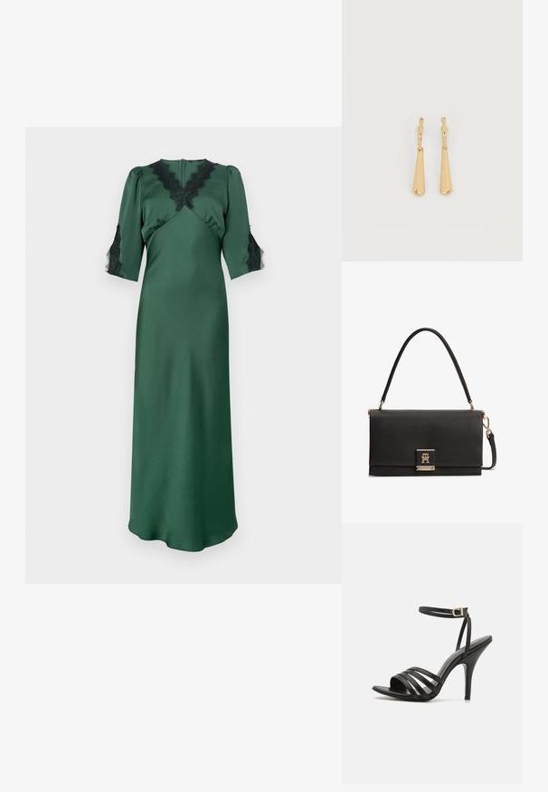 Langes grünes Satin-Kleid mit V-Ausschnitt und schwarzen Spitzenakzenten an den Schultern und Ärmeln, mit einem taillierten Oberteil und fließendem Rock.; Schwarze, sandalenähnliche Hochzeitschuhe mit schmalem Knöchellenker, offener Zehenpartie und glatter Oberfläche. Verfügt über einen schlanken Absatz und ein strukturiertes Riemendesign.; Schwarze, strukturierte Lederhandtasche mit einem Tragegriff oben, goldfarbenem Verschluss mit ineinander verschlungenem TH-Logo und abnehmbarem Schulterriemen.; Ohrhänger in Gold-Ton mit glatten, länglichen Tropfenanhängern, die an kleinen Creolenverschlüssen hängen, auf weißem Hintergrund.