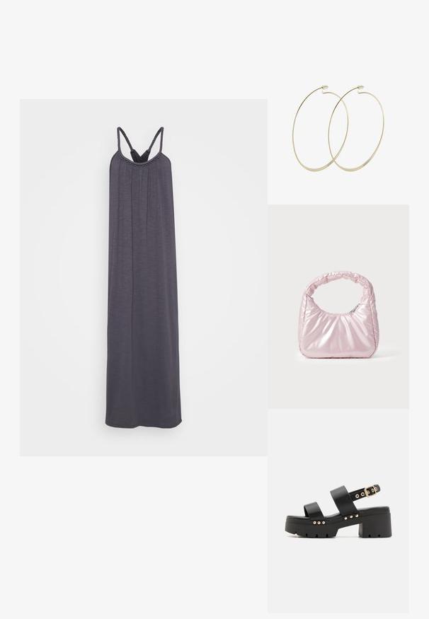Vestido maxi sin mangas en gris oscuro con tirantes trenzados y escote fruncido, que presenta una textura suave y lisa. Sin patrones visibles ni elementos de metal.; Call it Spring NOVALIE - Sandalias con plataforma - black; Bolso de mano acolchado en color rosa con un diseño redondeado, fabricado en material brillante. Presenta un asa fruncida y un cierre de cremallera para un acceso seguro.; Pilgrim Pendientes - gold-coloured