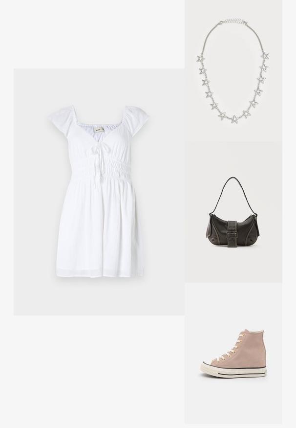 Valge kleit lühikeste, paisuvatest varrukatest, V-dekolteest ja kokku volditud taljest, esitades ees sidumisdetaili ning voolava seeliku.; Pehmed roosa seemisnahast kõrge kontsaga tossud kuldsete silmadega, valgete paeltega ning musta triibuga tallal. Ümar toe disain.; Mustast nahast õlakott pandlanööriga detailiga, kõverate servade ja kontrastse valge õmblusega tavalise tausta peal.; Hõbedane kettkaelakee, millel on üksteist tähte meenutavat ripatsit, igaühel on selge keskne kivi ja reguleeritav klambriga sulgu.