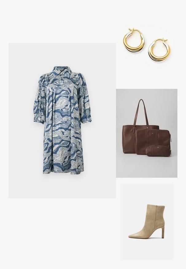 Blaues Baumwollkleid mit einem Kragen, Puffärmeln und einem weißen abstrakten Blumenmuster. Lockerer Schnitt und knielange Design.; Zign High Heel Stiefelette - beige; Braune Leder-Tote mit zwei passenden Täschchen; die Tote hat lange Tragegriffe, während die Täschchen Reißverschlüsse und unterschiedliche Größen haben. Goldene Akzente sind enthalten.; Missoma LUCY WILLIAMS CHUNKY - Ohrringe - silver-coloured/gold-coloured
