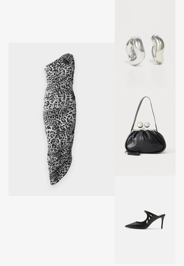 Sort og hvid leopardprintet one-shoulder kjole med rynket stof og tætsiddende silhuet, samt en asymmetrisk kant.; Sorte læder højhælede mules med spids tå, udskåret sideskærm og glat tekstur. Stiletthæl og subtil syning.; Sort læderhåndtaske med opsamlet design, en enkelt rem, sølv metalramme og to store runde sølv lukninger.; Sølvskulpturelle øreringe med glatte, buede former og reflekterende overflader. Har et lukket hoop-design og en markant organisk form.