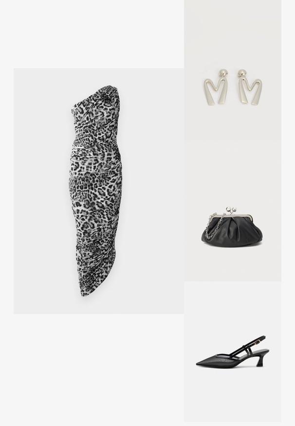 Sort og hvid leopardprintet one-shoulder kjole med rynket stof og tætsiddende silhuet, samt en asymmetrisk kant.; Sort spids tå slingback-sko med mesh-øverdel, tynde stropper, guldlås og lav buet hæl på hvid baggrund.; Sort læder clutch med samlet tekstur, sølvfarvet metalramme, kys-lås lukning og kædestrop. Glat, blød overflade.; Par sølvtonede metaleøreringe formet som den kantede bogstav M med runde fester på en hvid baggrund.