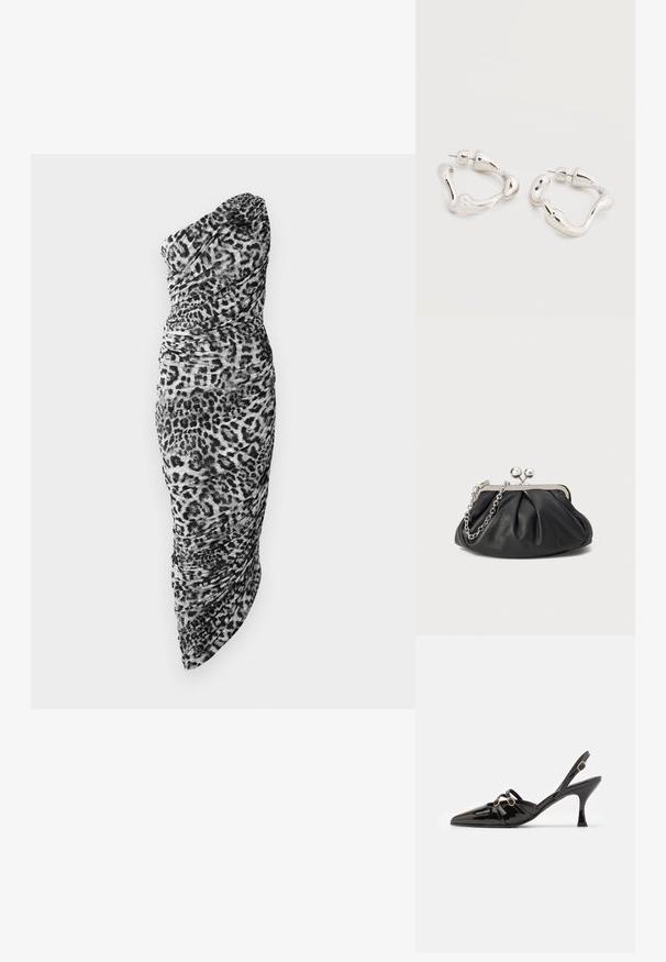 Sort og hvid leopardprintet one-shoulder kjole med rynket stof og tætsiddende silhuet, samt en asymmetrisk kant.; ALOHAS JOELLE ONIX - Pumps - black; Sort læder clutch med samlet tekstur, sølvfarvet metalramme, kys-lås lukning og kædestrop. Glat, blød overflade.; Øreringe i sølvfarvet tone med uregelmæssig form og bagerste lukning med stift, placeret på en ensfarvet hvid overflade.