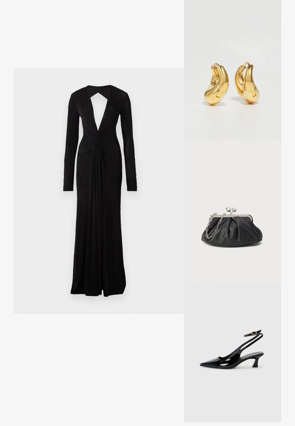 Robe de soirée noire avec des manches longues, décolleté en V profond, dos en trou de serrure, détail de taille froncée et design fluide. Fabriquée dans un tissu doux et léger.; Escarpins à brides arrière en cuir verni noir, à bout pointu, avec un petit talon carré et une sangle de cheville ajustable dotée d'une boucle dorée.; Porte-monnaie en cuir noir avec texture froncée, cadre en métal argenté, fermeture à verrouillage kiss-lock et bandoulière en chaîne. Surface lisse et douce.; Boucles d'oreilles en or en forme de d'anneaux lisses et courbés avec une finition polie. Équipées d'un mécanisme de fermeture et de légères indentations pour le détail.