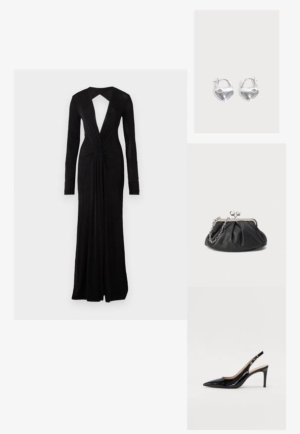Sort aftenkjole med lange ærmer, dyb V-udskæring, nøglehul tilbage, indsnævret talje detalje og en flydende design. Lavet af et blødt, let stof.; Sort patenteret læder slingback stiletto med spids tå, slank hæl og et subtilt udskæringsdesign. Har en gylden spænde på remmen.; Sort læder clutch med samlet tekstur, sølvfarvet metalramme, kys-lås lukning og kædestrop. Glat, blød overflade.; Par skinnende sølv hjerteformede hængelås øreringe med små nøglehul detaljer på en ensartet lys baggrund.