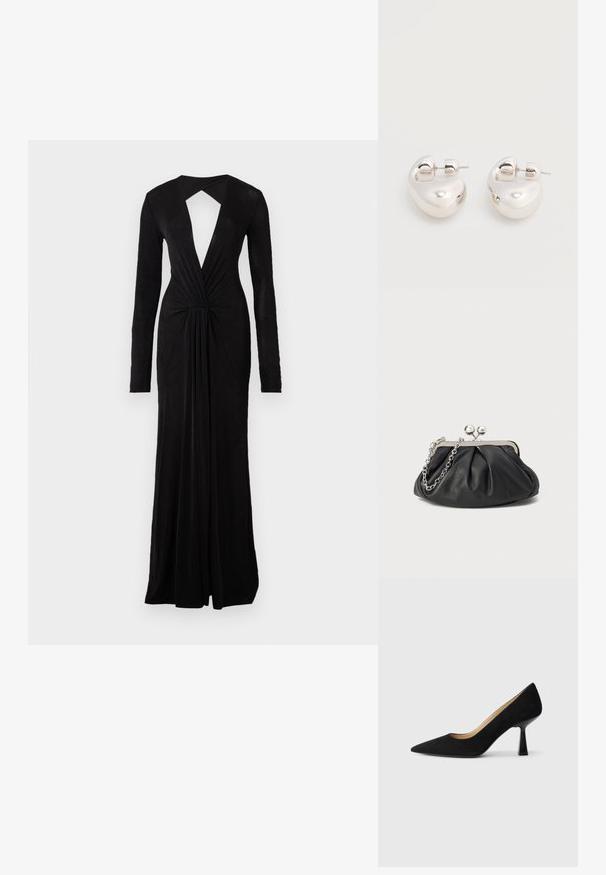 Vestido de noche negro con mangas largas, escote en V profundo, espalda con abertura, detalle en la cintura ceñida y un diseño fluido. Confeccionado en una tela suave y ligera.; Zapato de tacón alto de ante negro con punta afilada, que cuenta con un tacón de bloque negro brillante y un forro interior suave.; Clutch de cuero negro con textura arrugada, marco de metal en tono plateado, cierre de beso y cadena para colgar. Superficie suave y lisa.; Par de pendientes llamativos de aro grueso plateado brillante con cierre de poste sobre un fondo blanco liso.