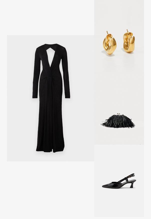 Robe de soirée noire avec des manches longues, décolleté en V profond, dos en trou de serrure, détail de taille froncée et design fluide. Fabriquée dans un tissu doux et léger.; Chaussure slingback en cuir verni noir à petit talon, bout pointu et bride réglable avec boucle dorée sur fond blanc.; Pochette noire à franges avec fermoir argenté et chaîne, sur un fond clair uni.; Boucles d'oreilles créoles en or massif avec un design tubulaire légèrement tordu et des fermoirs à tige sur un fond blanc.