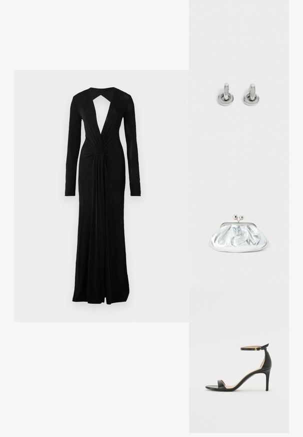 Robe de soirée noire avec des manches longues, décolleté en V profond, dos en trou de serrure, détail de taille froncée et design fluide. Fabriquée dans un tissu doux et léger.; Sandale à talons hauts en cuir noir avec une lanière de cheville. Présente une texture lisse, un bout ouvert et un talon fin. Détail de boucle en ton doré.; Petit sac pochette métallique argenté avec un design arrondi et froncé, fermeture à clip avec deux boules argentées.; Paire de petites boucles d'oreilles créoles argentées brillantes avec une base ronde, présentées sur un fond clair uni.